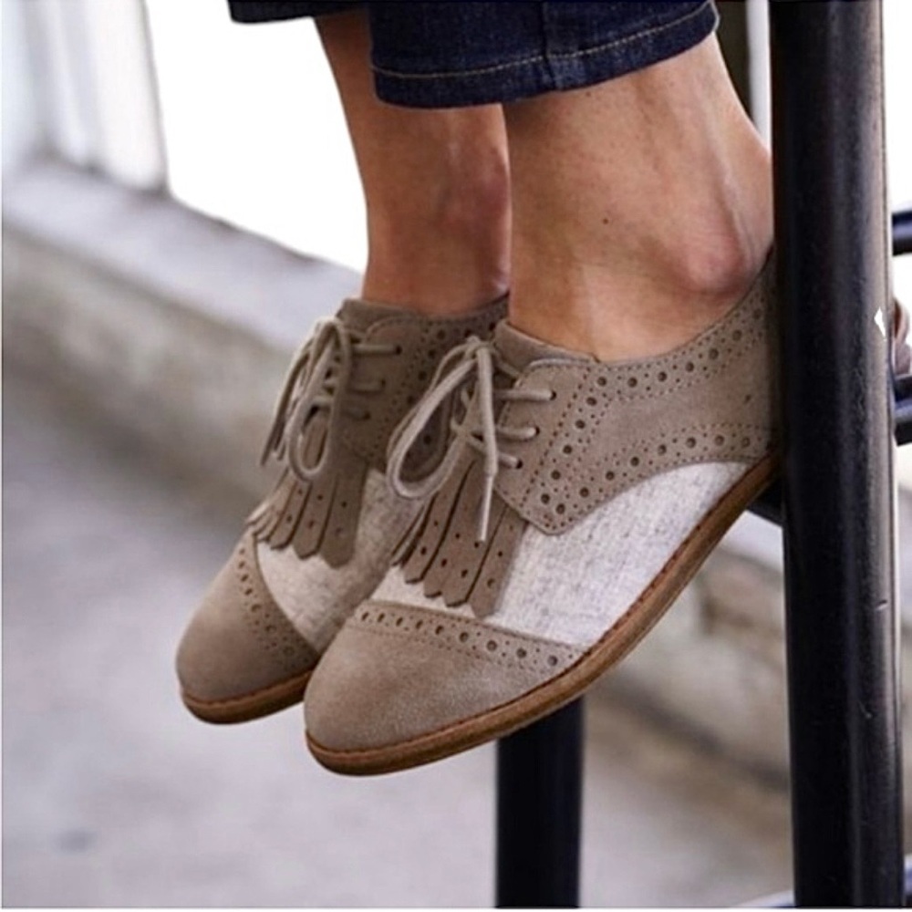 Toms Women’s Brogue Tan Suede Wool Fringe Wing Tip Oxford Shoes W 7.5 Boho Chic